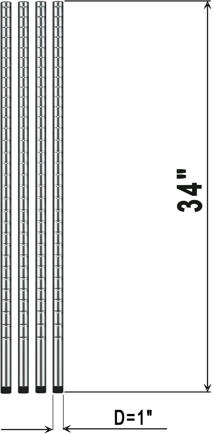 34 NSF Chrome Wire Shelf Post 1 Inch Metal Pole Foot Included for Wire Shelf Rack Poles and Parts (4 Pack)
