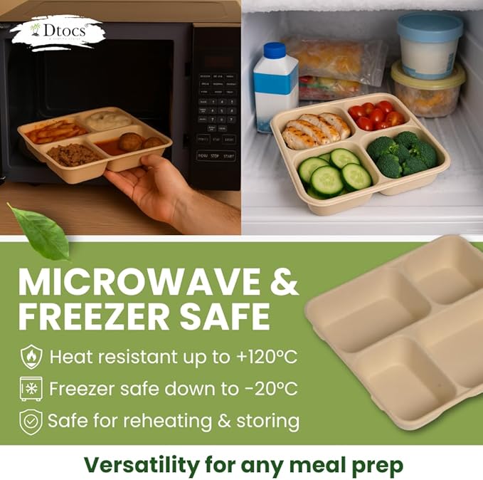 Dtocs Compartment Plates Disposable (40 Pcs) 4 Portions | Bamboo Fiber Heavy Duty Sectional Lunch Trays for Camping Catering Buffet Dinner | Microwavable Leak-Proof Multipurpose Divided Plates