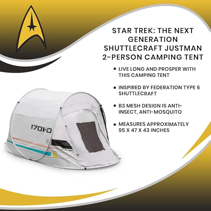 Star Trek: The Next Generation Shuttlecraft Justman 2-Person Camping Tent | Indoor and Outdoor Activities | Pop-Up Camping Tents &amp Shelters Accessories | 95 x 47 x 43 Inches