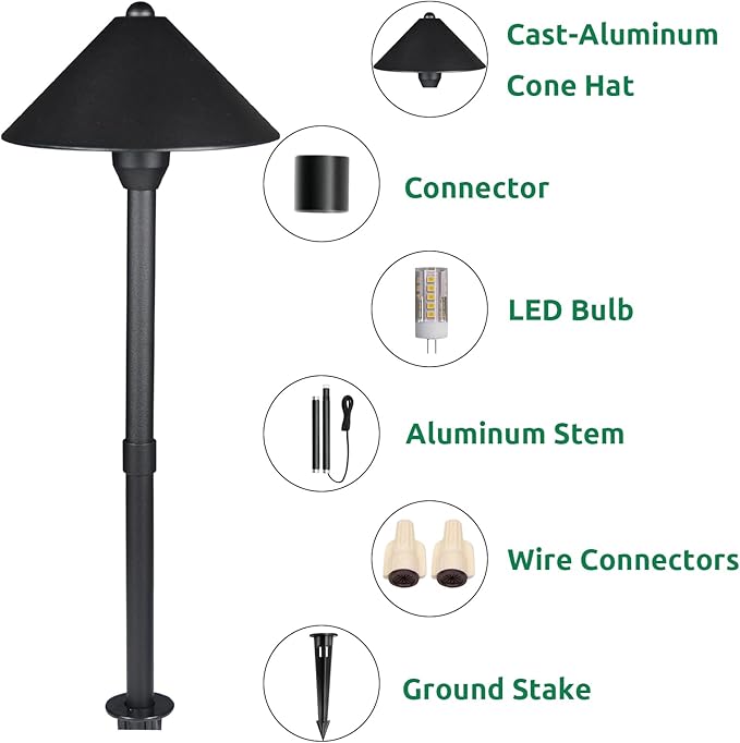 Lumina Lighting® Low Voltage Landscape Lighting Cast-Aluminum Path and Area Light Warm White 3W G4 LED Bulb and ABS Ground Stake Included for Yard Walkway Lawn PAL0105-BkLED6 (Black6-Pack)
