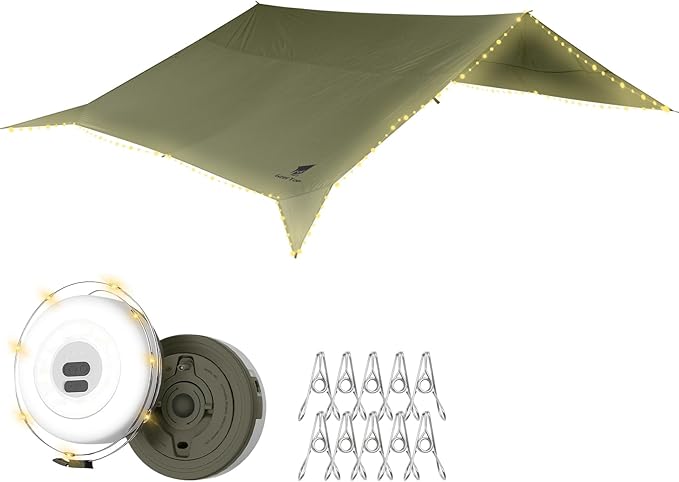GEERTOP Portable Large 17 x 10 ft Waterproof Backpacking Tarp with10M LED String Lights Outdoor Emergency Tarp Kit for Camping