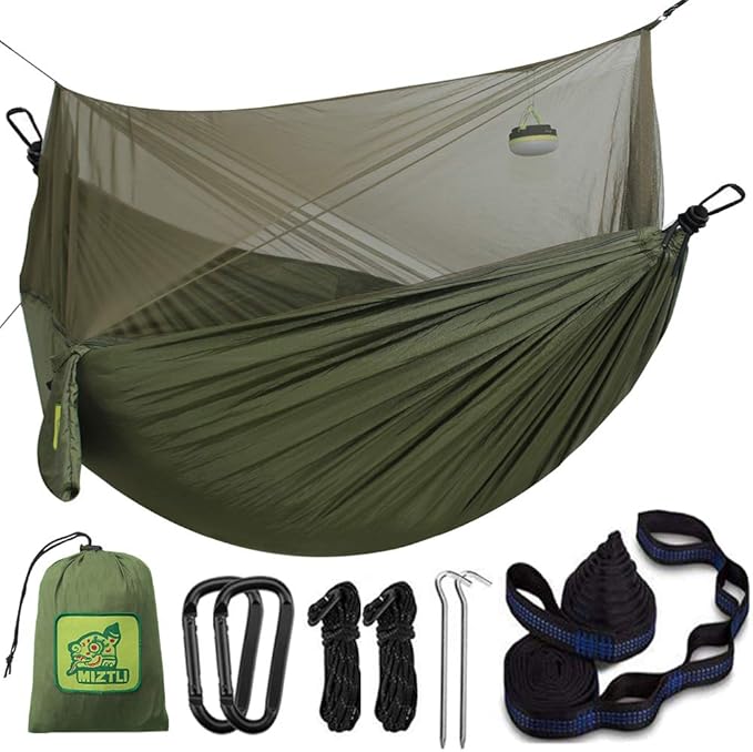Miztli Camping Hammock with Net and Rain Fly Portable Lightweight Outdoor Hammock Tree Travel Backpacking Hammock Tent with 20Ft(Total) Tree Straps Perfect for Camping Hiking Yard Adventure Survival
