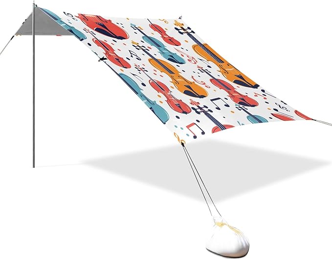 Colorful Seamless Pattern with Violins and Notes Camping Sun Shelter Beach Tent Portable Beach Sun Shade Outdoor Canopy for Camping Trips Fishing Picnic