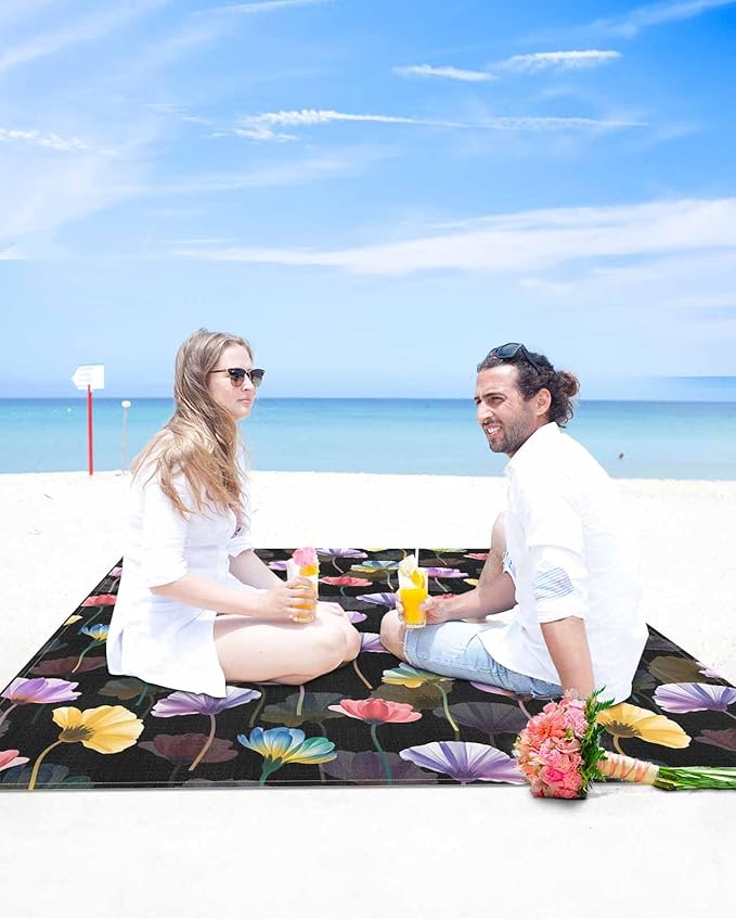 Beach Blanket Waterproof Sandproof Spring Watercolors Flowers Quick Drying Beach Mat with 4 Stakes Fields Floral Art Lightweight Picnic Blanket for Travel Camping Outdoor 83x79