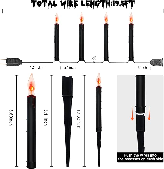 SUNSGNE Halloween Pathway Marker String Lights - 19.5Ft Outdoor Walkway Lights with 10 Black Blood Tears Candle Light Stakes for Lawn Yard Sidewalk Garden Decoration