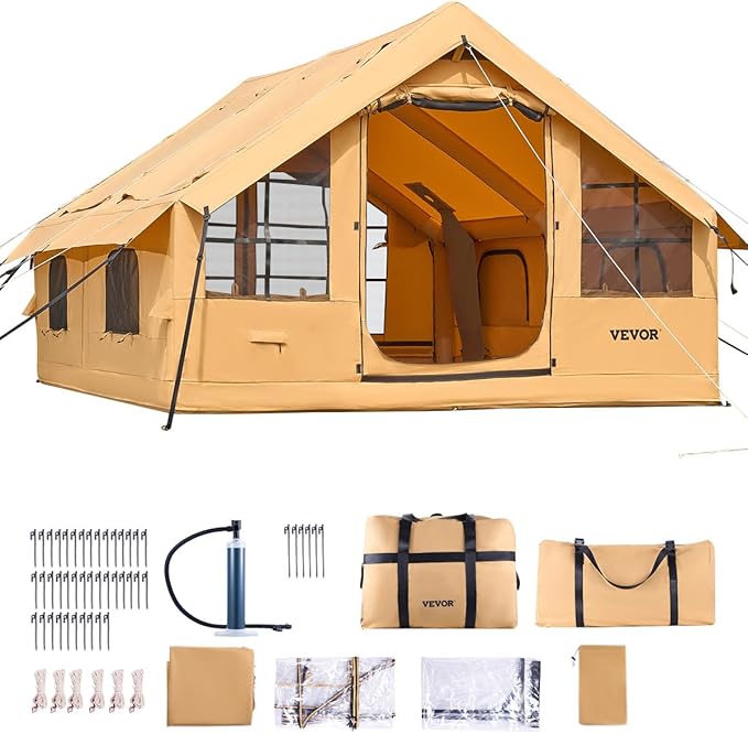 VEVOR Inflatable Tents for Camping Easy Setup Blow up Tent with Hand Pump 4 Season Glamping Tent with Stove Jack Doors &amp Mesh Windows Storage Bag Included for Easy Taking