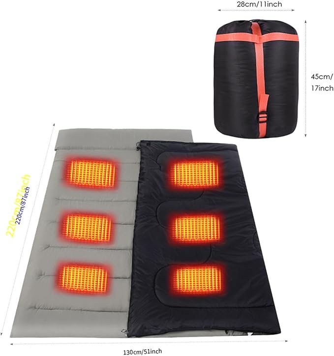 Double Heating Sleeping Bag 6 Heating Zones Multi USB Power Supported Detachable Heating Pads with Portable Bag