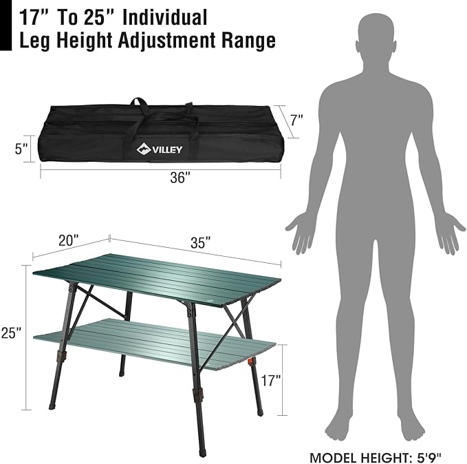 VILLEY Portable Camping Table with Adjustable Legs Lightweight Aluminum Folding Beach Table with Carrying Bag for Outdoor Cooking Picnic Beach Backyards BBQ and Party