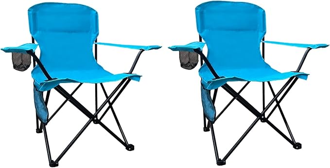 2PCS Folding Camping Collapsible Chairs Heavy Duty Lawn Chair with Cooler Bag Storage Pocket Waterproof Bag Outdoor Arm Chair Supports 225LBS Blue