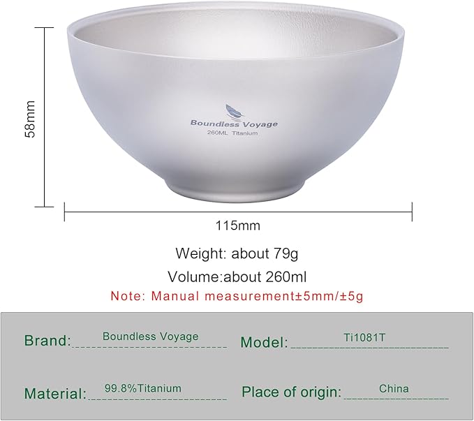 iBasingo 260ml Titanium Double Wall Bowl Ultra-light Portable Bowl Outdoor Camping Tableware Small Durable Metal Food Rice Soup Bowl Ti1081T