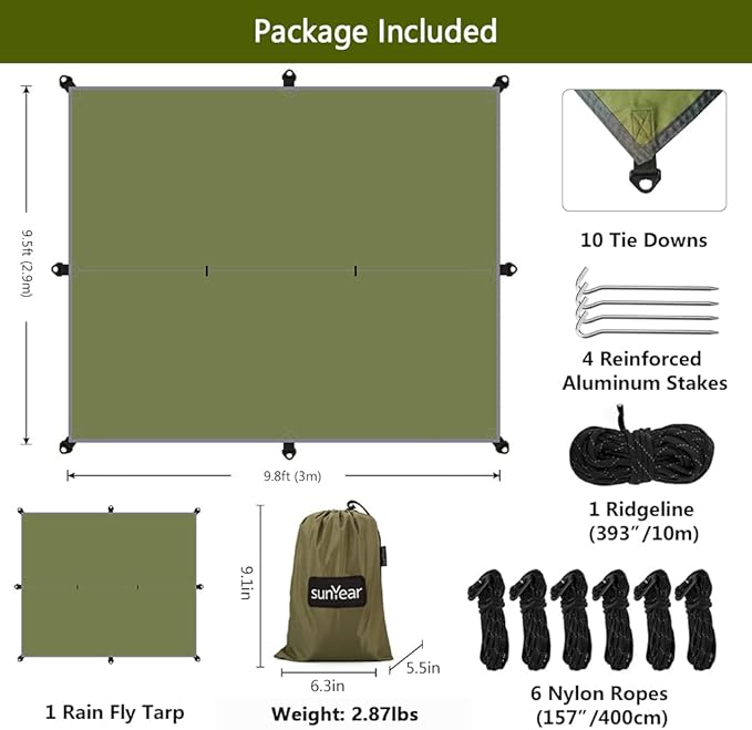 Hammock Rain Fly Tent Tarp Provides Effective Protection Against Rain Snow. 32ft Long Ridgeline. Big 9.8x9.5ft Durable Waterproof 210D Oxford. 6 Reflective Guy Lines 2 Stuff Sacks. Easy Assembly