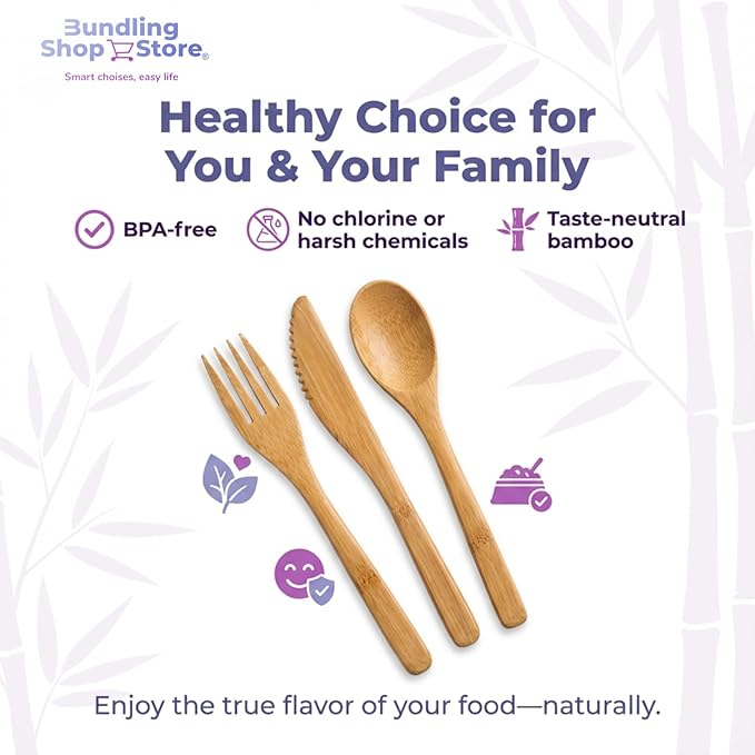 Reusable Bamboo Utensil Set 90 – Eco-Friendly Portable Wooden Cutlery for Travel Camping Office Lunches &amp Picnics – Lightweight Durable &amp Dishwasher Safe