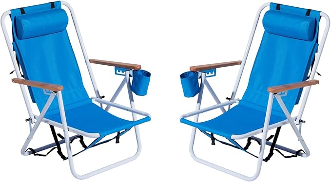 Backpack Beach Chair 4 Position Folding Reclining Lounge Heavy Duty Steel Frame 330 lbs Capacity &amp Wooden Armrests Set of 2 23x21.7x31.5