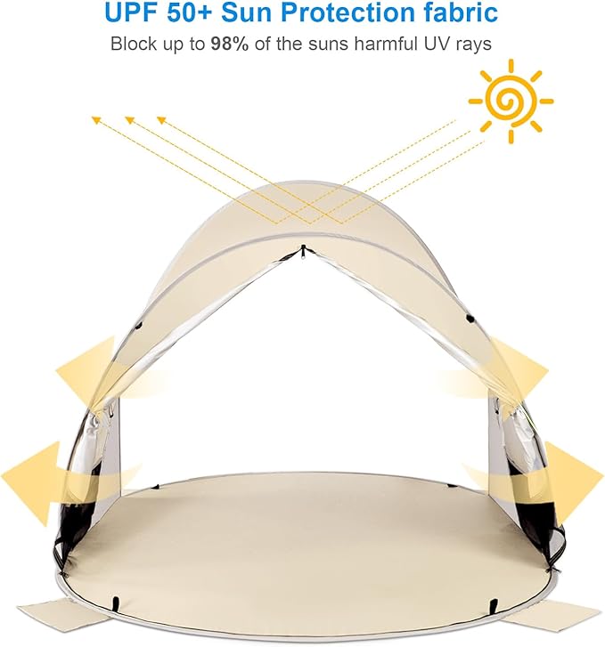 Wolfwise Pop up Beach Tent Sun Shelter with UPF50+ UV Protection Instant Easy Setup Popup Beach Shade Canopy for 3 Person Portable &amp Foldable with Carring Bag 87 ×57×47 in Beige