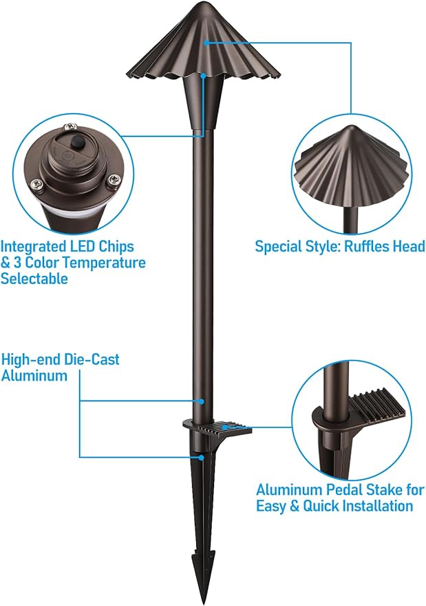LEONLITE 3CCT Low Voltage Pathway Lights LED Landscape Path Lights 3000K/4000K/5000K Ruffles Head 12-24V AC/DC IP65 Outdoor Walkway Light Oil Rubbed Bronze Aluminum Pack of 6