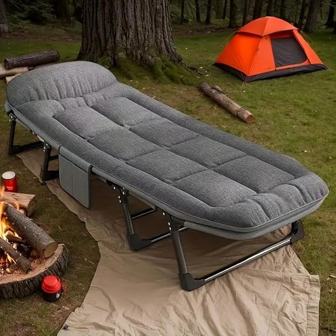 Leo IRis Portable Folding Camping Cot Oversize Adjustable 5-Position Adults Reclining Lounge Chairs with Pillow Heavy Duty Oxford Cloth 600D with Mattress (Gray - Luxury Bed)