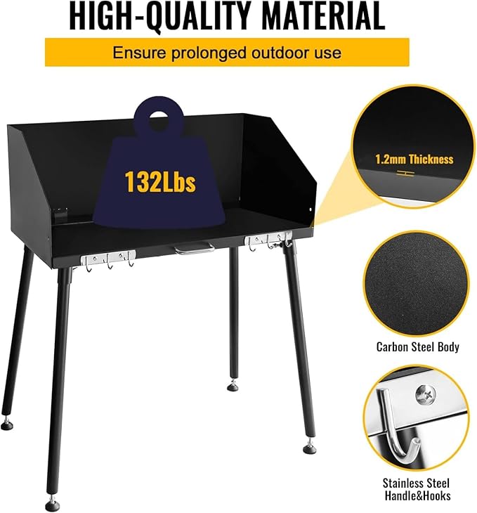 Carbon Steel Camp Cooking Table Dutch Oven Table with Three-Sided Windscreen and Four Legs for Grill Travel Outdoor PicnicBeachBBQBackyards30x16