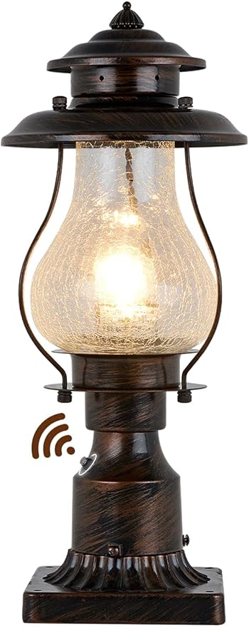 Dusk to Dawn Post Lights Outdoor Photocell Sensor Rustic Pole Mount Lanterns with Pier Mount Adapter Oil Rubbed Brown with Crackle Glass Waterproof Pillar Lights for Patio Garden Porch and Backyard