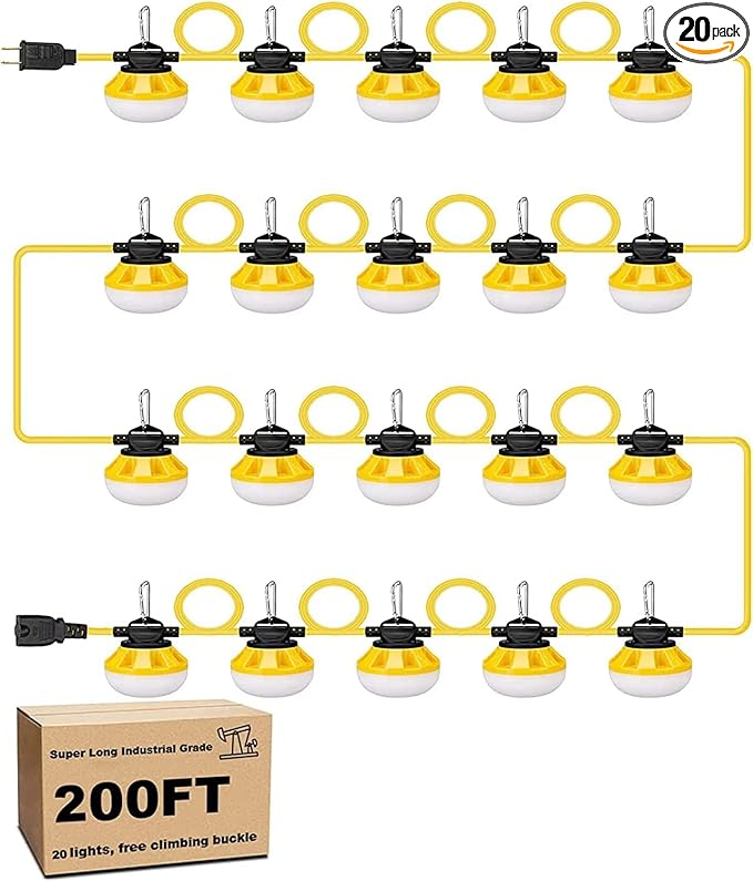 200FT Construction LED String Lights Industrial Grade Best for Construction Sites Renovation Patio Mine cave Outdoor and Other Outdoor Lighting Solutions Use with Hook (200FT -20 Lights)