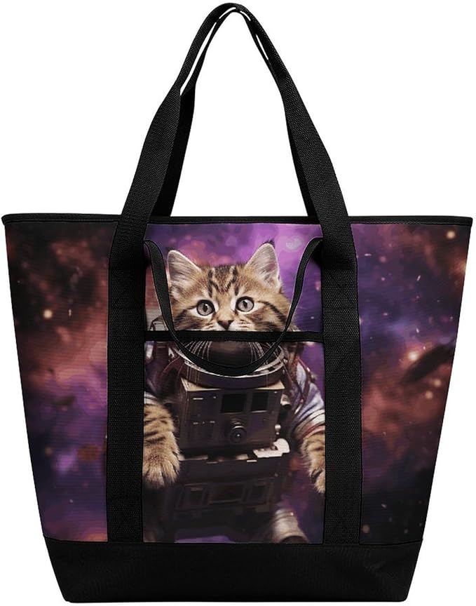 Insulated Shopping BagLarge Reusable Cooler Bags A Cat in Outer Space Printed Foldable Shopping BagTravel Waterproof Shoulder Bag