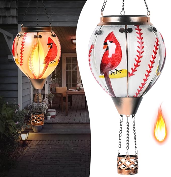 Hot Air Balloon Solar Lantern - Cardinal Bird Glass Lantern Simulated Flickering &amp Dancing Flame Outdoor Hanging Yard Light Waterproof IP65 for Patio Lawn Porch Decor Gift