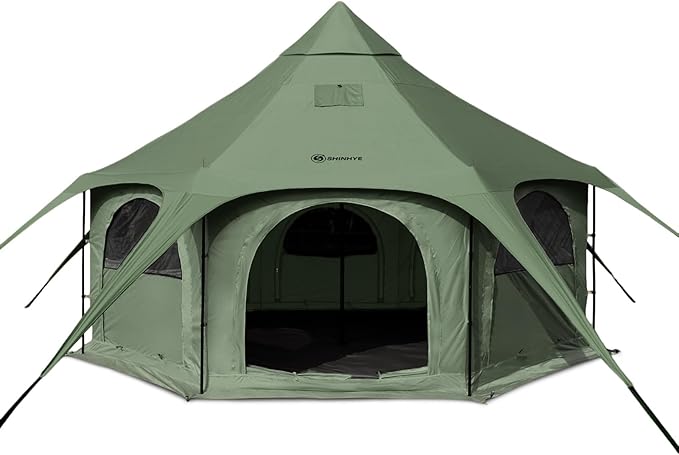 ShinHye 16.4ft Bell Tent for Glamping &amp Camping – Waterproof Canvas with Stove Jack Removable Floor &amp 8 Mesh Windows (Fits 6-8 People)