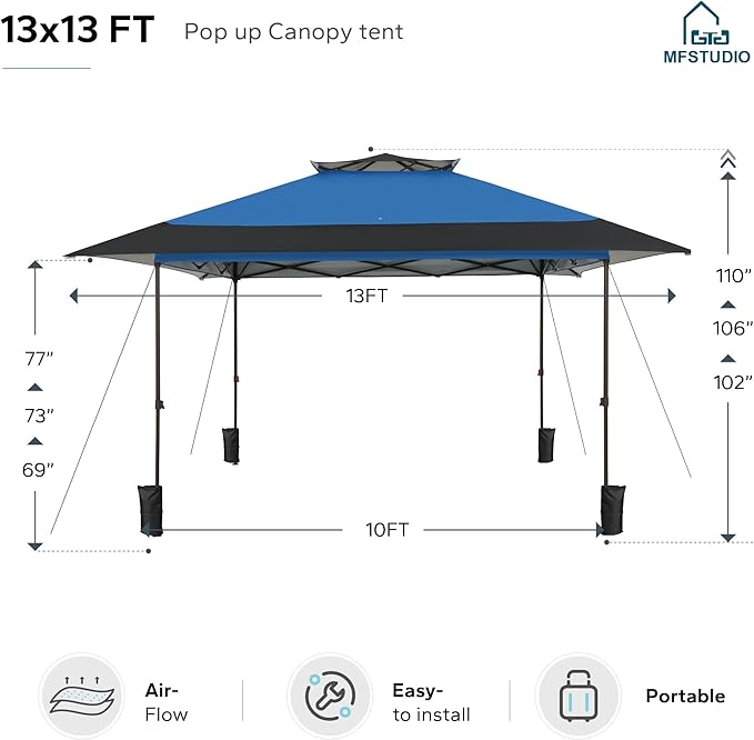 MFSTUDIO 13x13 Outdoor Pop Up Canopy TentEasy Set up Straight Leg Outdoor Canopies One Push Folding Instant Shelter Tents for BeachParty and Camping 169 Sq. Ft of Shade