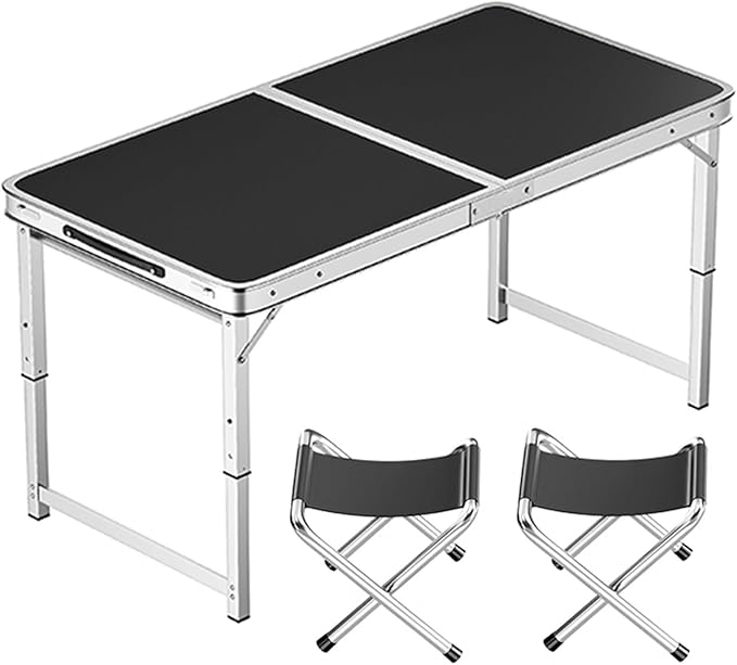 Adjustable Height Aluminum Folding Table Portable Outdoor Camping Table with Handle Compact 120X60Cm Picnic Dining Table Set with 4 Stools - Blue120X60Cm Bla100X50cm Black+2 Stool