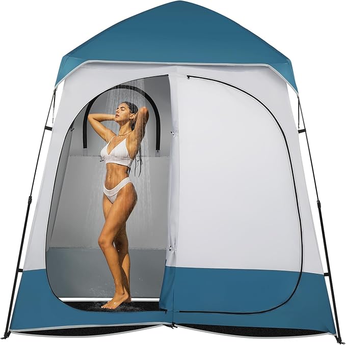 Outvita Oversize 2 Rooms Shower Tent 7.5 FT Outdoor Pop up Changing Room Instant Extra Wide Privacy Shelter for Camping Dressing Toilet Bathroom with Carry Bag Blue &amp White