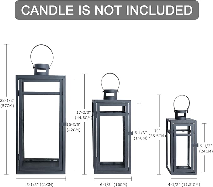 NEEDOMO Stainless Lanterns Decorative Outdoor &amp Indoor Set of 3 Outdoor Lanterns for Porch 22/ 17/14 Candle LanternStainless with Glass Water-Proof Farmhouse Patio Pathway Christmas
