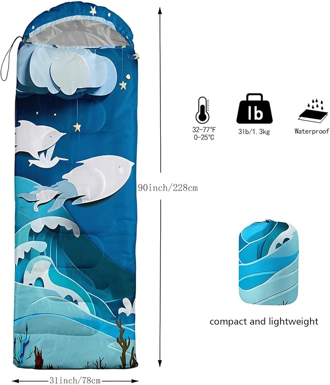 Kids Sleeping Bag for Boys GirlsCartoon Blue Unicorn Print-Lightweight Warm Portable Outdoor Indoor-Waterproof Cold Weather Resistant Sleeping Bag for Camping Hiking
