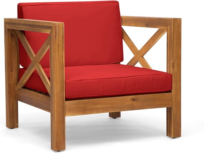 Mid-Century Modern Outdoor Club Chair with Acacia Wood Frame and Water-Resistant Cushions for Patio Garden Backyard Seating (Red)
