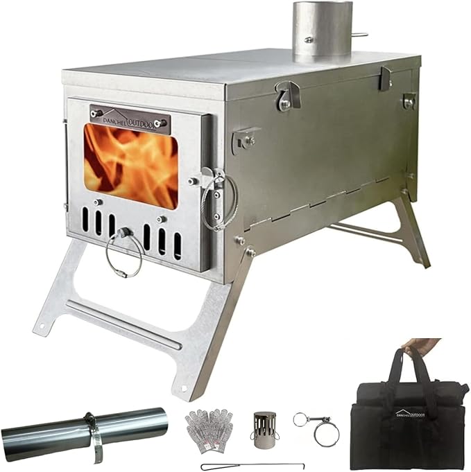 DANCHEL OUTDOOR T6 Ultralight Titanium Wood Stove for Camping Backpacking 4.4lbs Folding Hot Tent Stove with 7.2ft Chimney Pipe Easy Setup for 1 Person Winter Survival Cooking