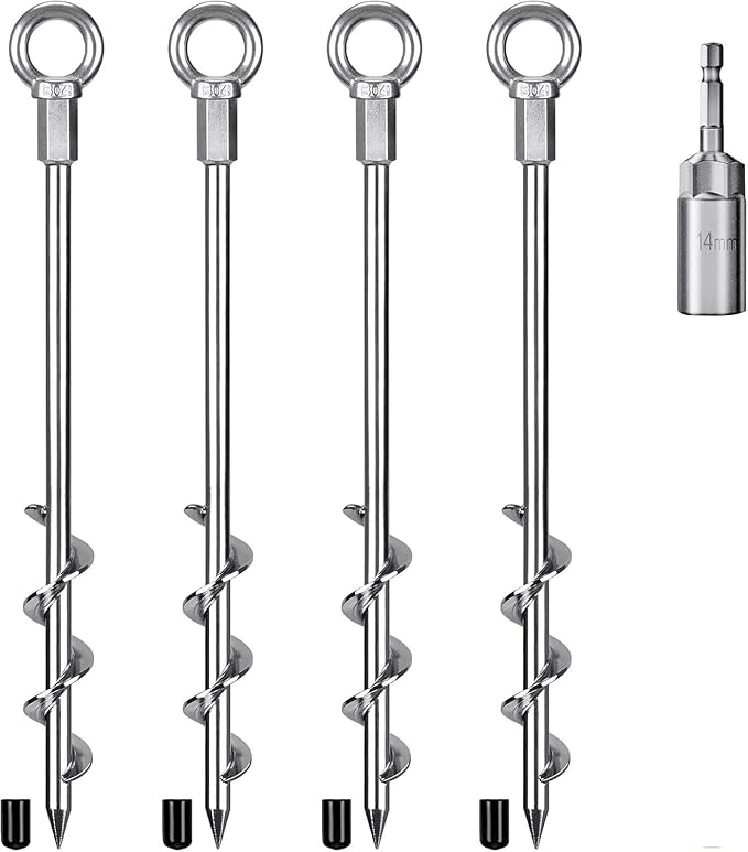 4 Pack Tent Stakes 12 Inch Heavy Duty Ground Anchors Fully Welded Spiral Earth Anchors for Camping Tents Trampolines Sheds Swing Sets Securing Animals