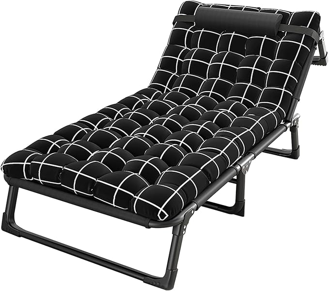Camping Cot Adjustable 4-Position Adults Reclining Folding Chaise with Pillow Outdoor Lounge Chair Sleeping Cot Bed Perfect for Office Pool Beach Patio Black
