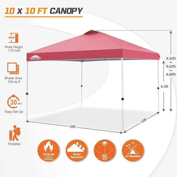 EAGLE PEAK Pop Up Canopy Tent with Wheeled Carry Bag 8 Stakes 4 Ropes 4 Weight Bags Easy Set Up Tent Canopy 10x10 ft 100sqft of Shade Peach Pink