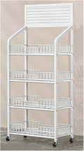 Convenience Store Shelf Cart 4 Tier Supermarket Portable Display Rack for Snacks/Drinks/Can/Toys with Hooks &amp Wheels Commercial Home Carbon Steel Frame White-4 Tier-60x27x140cm