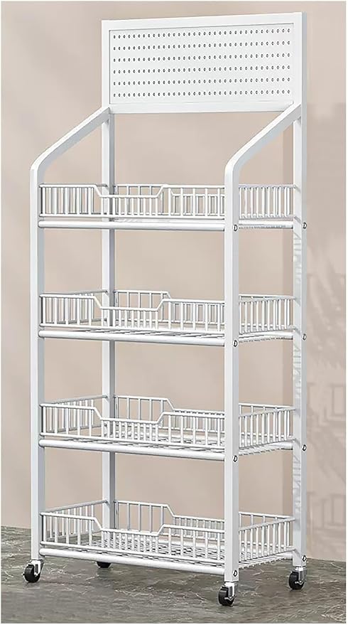 Convenience Store Shelf Cart 4 Tier Supermarket Portable Display Rack for Snacks/Drinks/Can/Toys with Hooks &amp Wheels Commercial Home Carbon Steel Frame White-4 Tier-60x27x140cm
