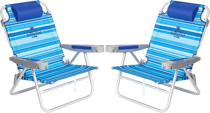 SUNNYFEEL Extra Wide 28 Low Beach Chair 2 Pack 5 Position Lay Flat XL Oversized Portable Folding Camping Chairs with Cup Holder for Outdoor/Trip Foldable Backpack Beach Chair for Adults