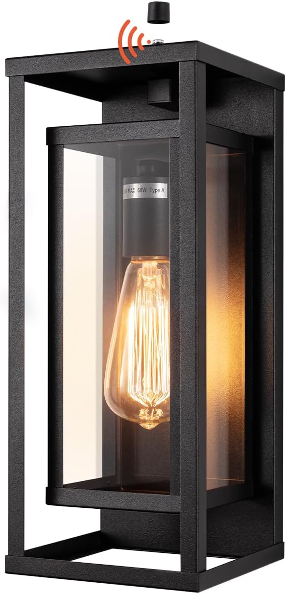 mirrea 14 Dusk to Dawn Outdoor Wall Sconce 1 Light in Matte Black Rectangular Metal Frame and Clear Glass Shade Waterproof Porch Light Patio Light