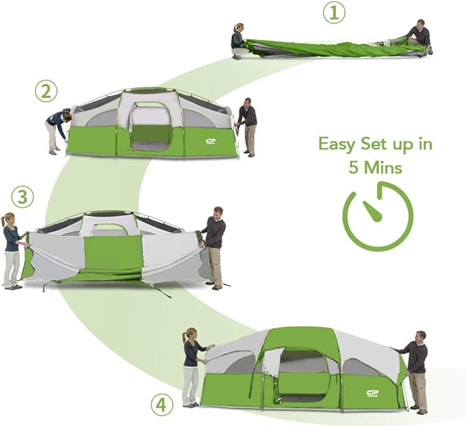 CAMPROS CP Tent 8 Person Camping Tents Weather Resistant Family Tent 5 Large Mesh Windows Double Layer Divided Curtain for Separated Room Portable with Carry Bag