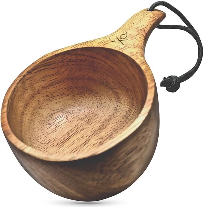 überleben | Lore Kuksa Wooden Cup – Handcarved 12oz Coffee Mug Bowl with Lanyard &amp Carabiner – Lightweight Camping Essentials &amp Traditional Nordic Bushcraft Gear