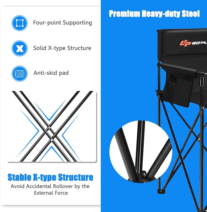 COSTWAY Folding Camping Chair 38.5” Height Portable Tall Directors Chair with Storage Pouches Detachable Armrests Carrying Bag for Fishing Picnic Lawn Black 250LBS Weight Capacity
