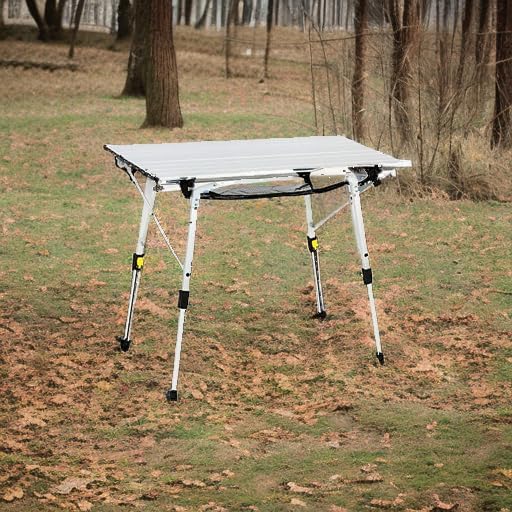 PORTAL Outdoor Folding Portable Picnic Camping Table with Adjustable Height Aluminum Roll Up Table Top Mesh Layer Silver