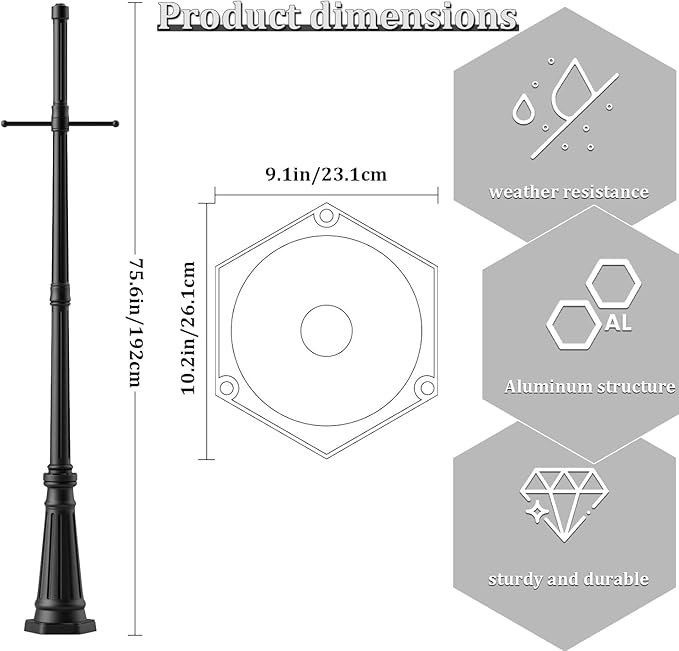 76 Vintage Cast Aluminum Lamp Post with Crossbars Matte Black Weather Resistant Coating - Outdoor Lighting Pole for Porch Yard Garden Pathway