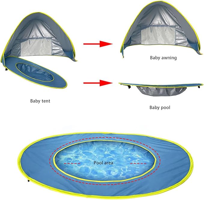 Pop Up Beach Tent Portable Sun Shelter with UPF50+ Protection and Built in Baby Pool Compact Foldable Beach Shade for Infant Outdoor Camping Beach Picnic (Blue)