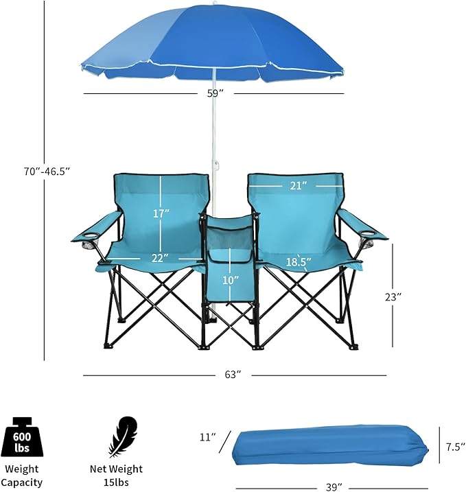 MAT EXPERT Folding Double Camp Chair w/Removable Umbrella Portable Picnic Chair w/Mini Table Chair Set w/Beverage Holder Portable Loveseat Camp Chairs for Beach Backyard Poolside (Turquoise)