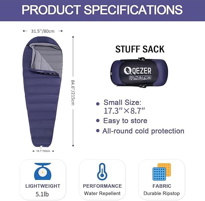 Down Sleeping Bag for Adults 0 Degree Warm Winter Mummy Lightweight Compact Outdoor Sleeping Bag for Camping Backpacking Hiking Cold and Warm Weather with 600 Fill Power Down