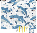 Waterproof Sandproof Beach Blanket 59''×68'' Ocean Sharks Polyester Outdoor Picnic Blanket with 4 Stakes &amp Storage Bag for BeachCampingVacation White