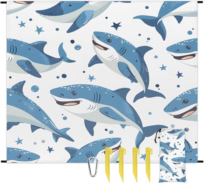 Waterproof Sandproof Beach Blanket 59''×68'' Ocean Sharks Polyester Outdoor Picnic Blanket with 4 Stakes &amp Storage Bag for BeachCampingVacation White